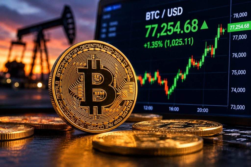 Bitcoin holds over $77,000; oil falls, ETF outflows reported